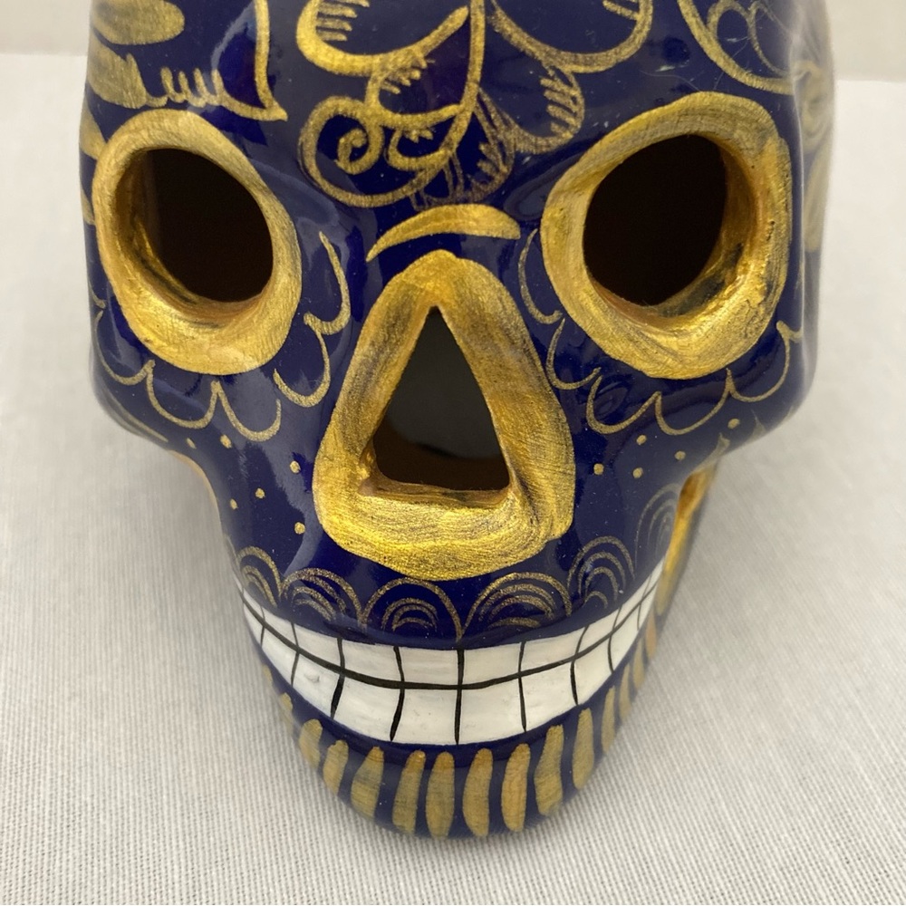 Blue & Gold Ceramic Sugar Skull Vase | Day of the Dead Decor | Hand Painted - Picture 9 of 9